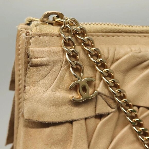 CHANEL Frill Chain Hand Bag Lamb Skin Beige Gold CC Auth yk18806 - Picture 13 of 16